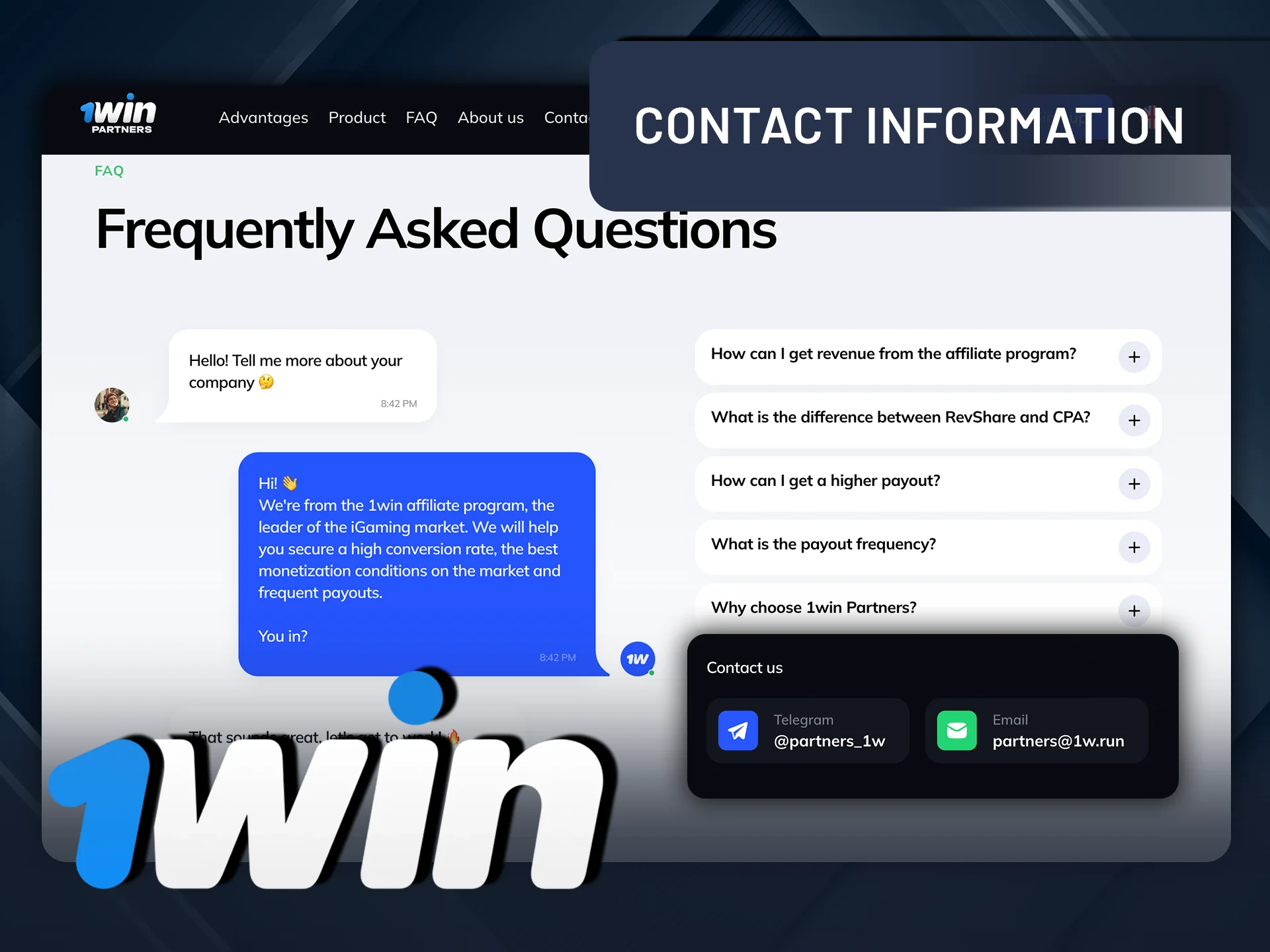 Find contact information for the 1Win affiliate program support.