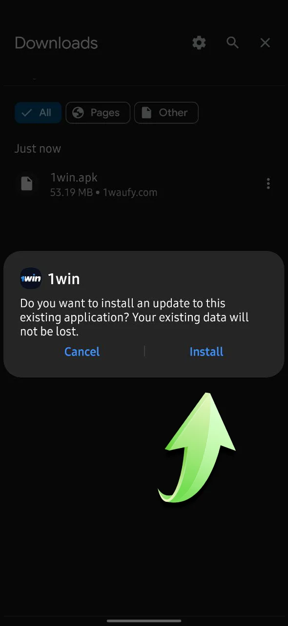 Begin the installation process for the 1Win Android app.
