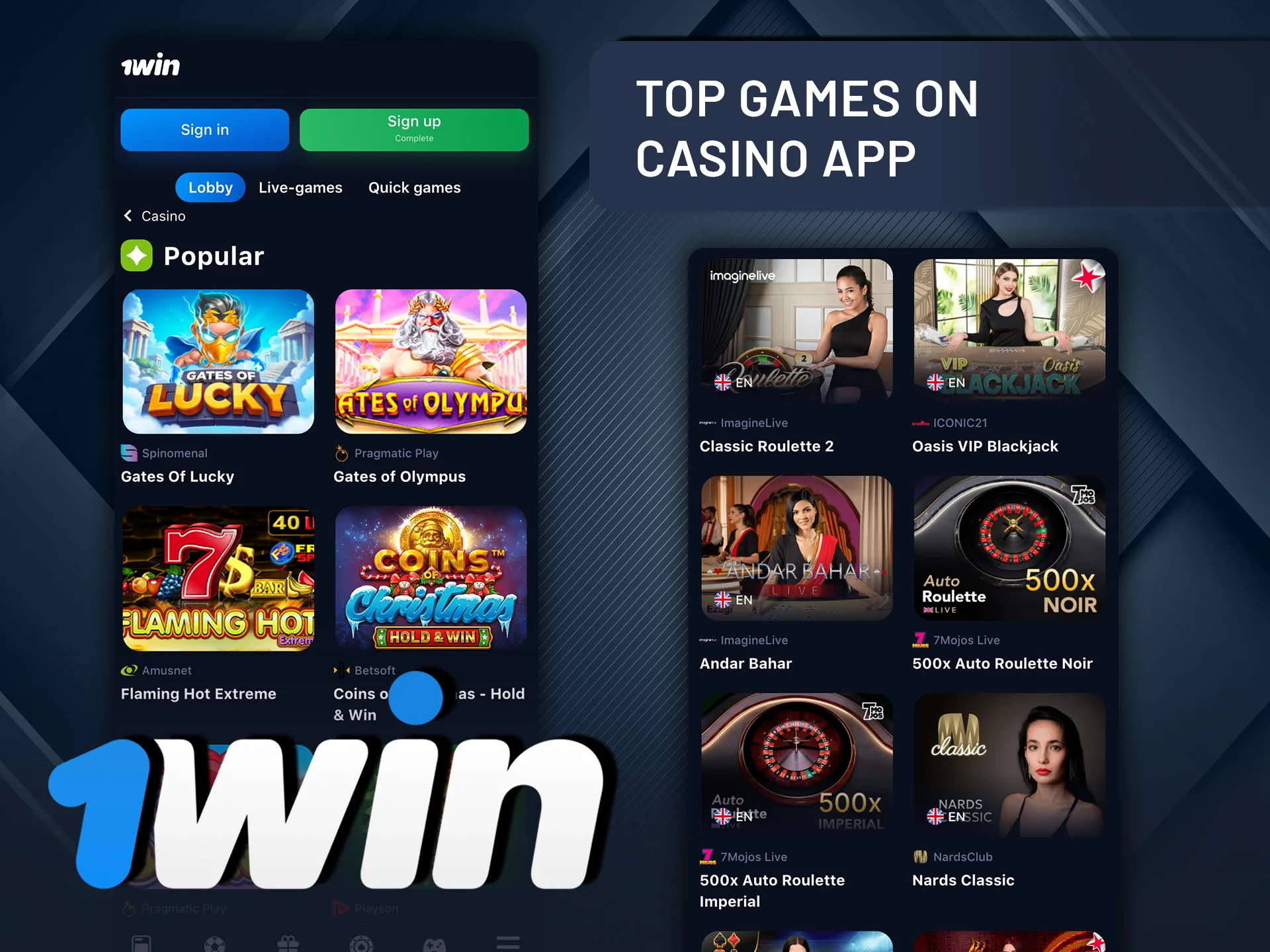 Play top-rated games in the 1Win casino app.
