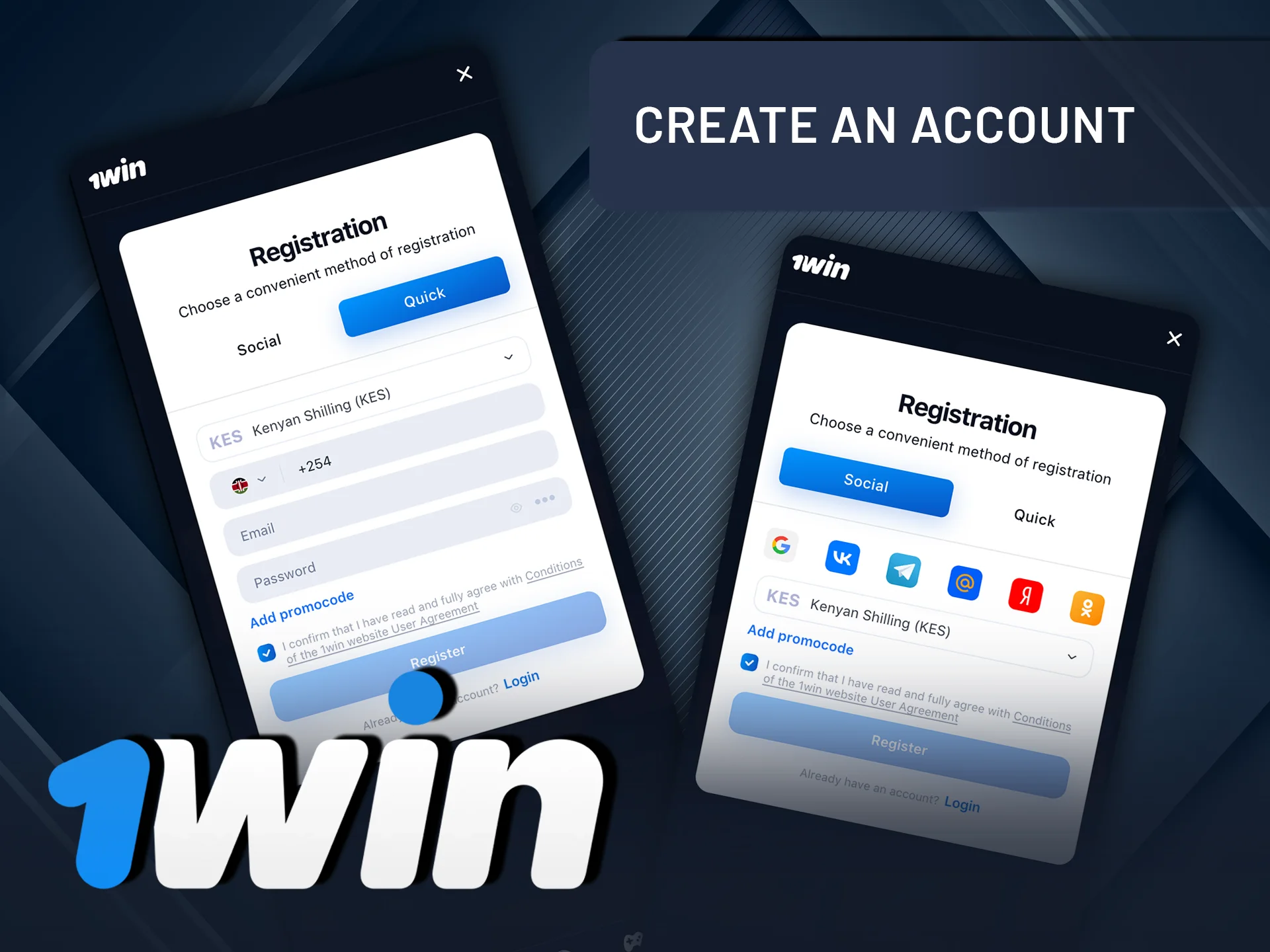 Create a new account directly in the 1Win mobile app.