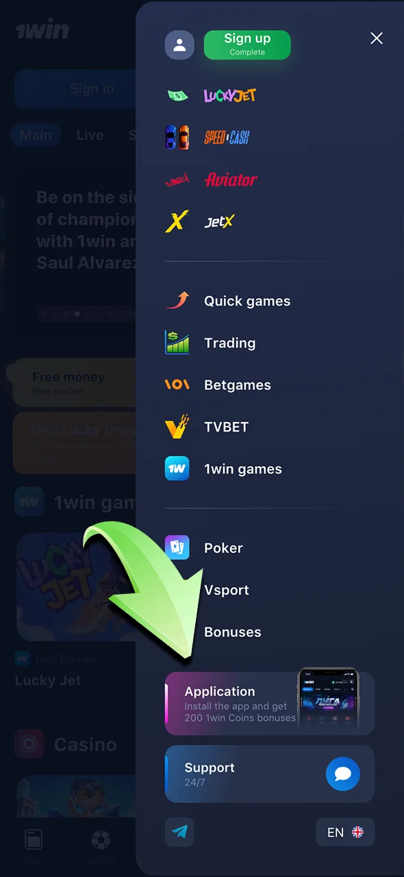 Tap the Android download icon to get the 1Win app.