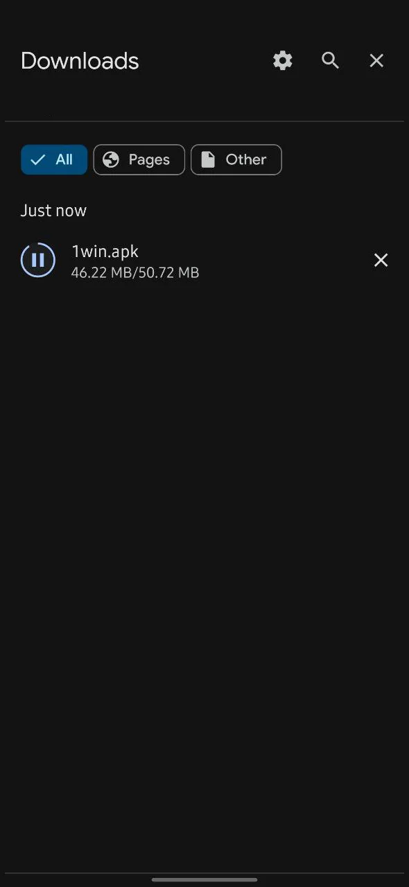 Wait for the file to download before installing 1Win on Android.