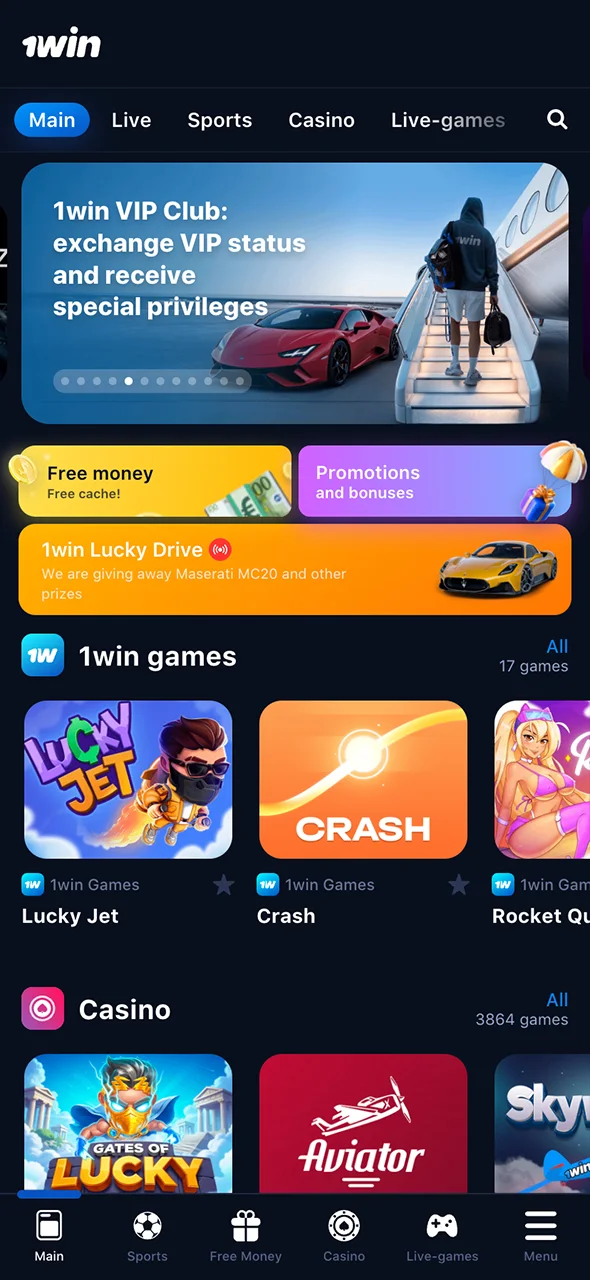 Start from the home screen and explore the 1Win app.
