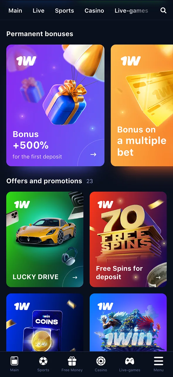 Go to the promotions section for 1Win bonuses.