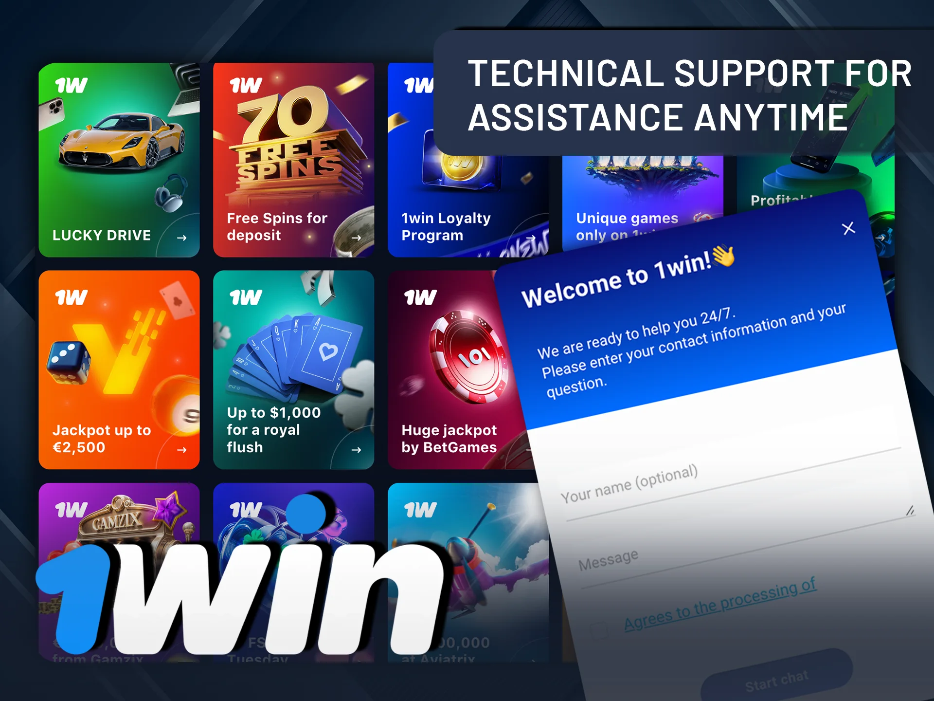 Get technical support for your 1Win bonus anytime.