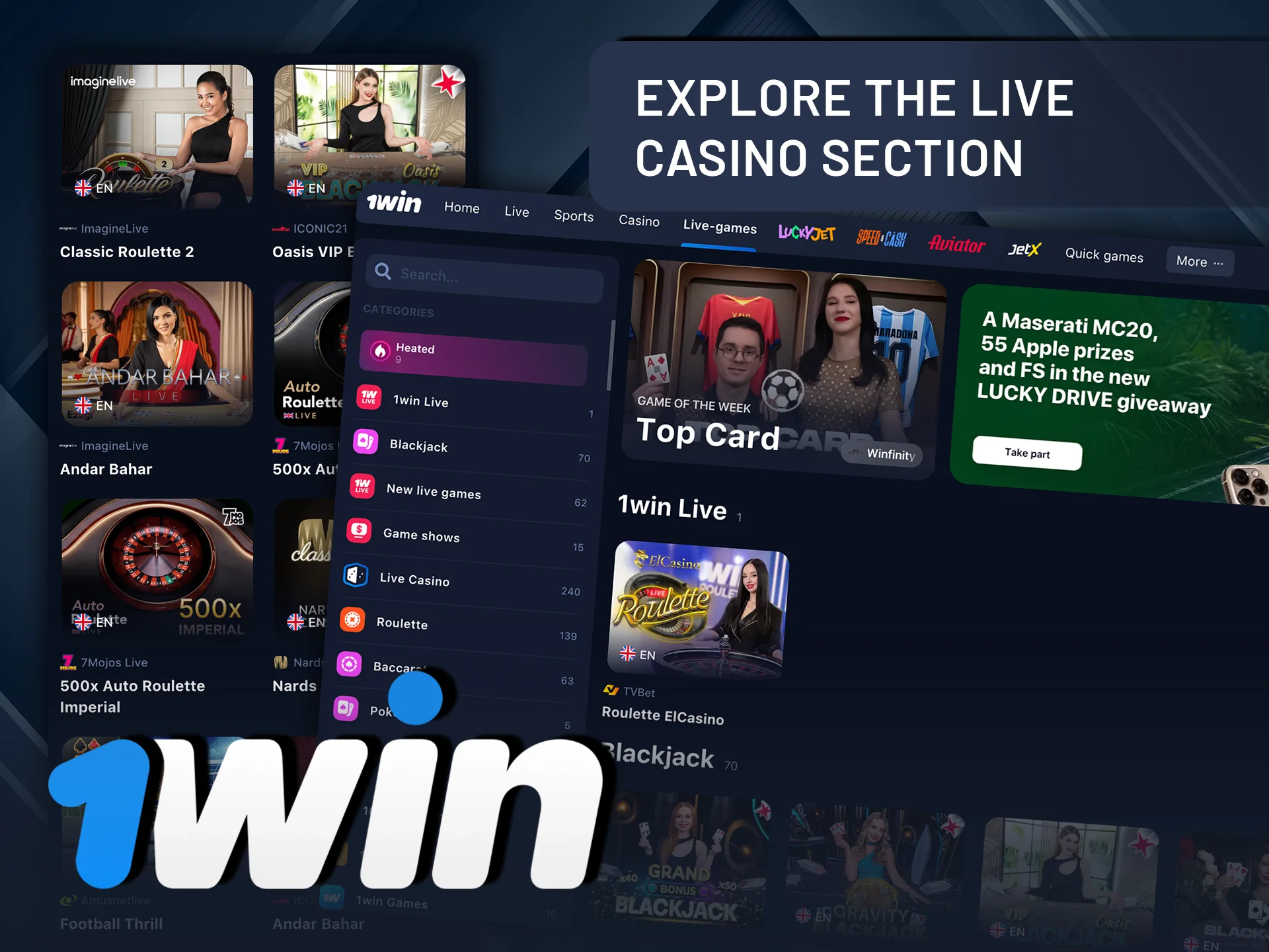 Explore the live casino section and play in real time at 1Win.