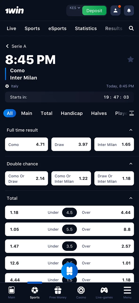 Choose your market and customize your bet on 1Win.