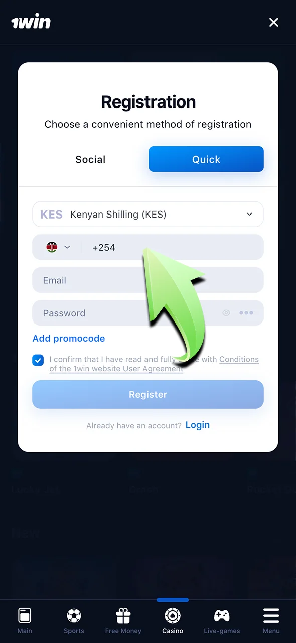 Provide your details and continue with 1Win registration.