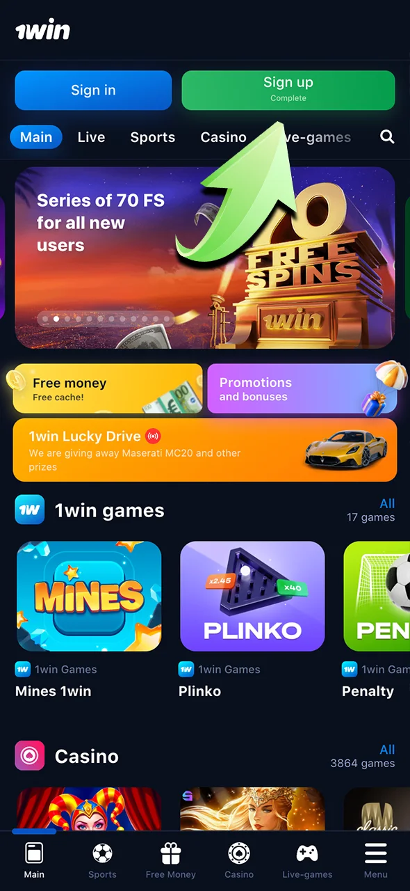 Start registering your 1Win account in just a few steps.