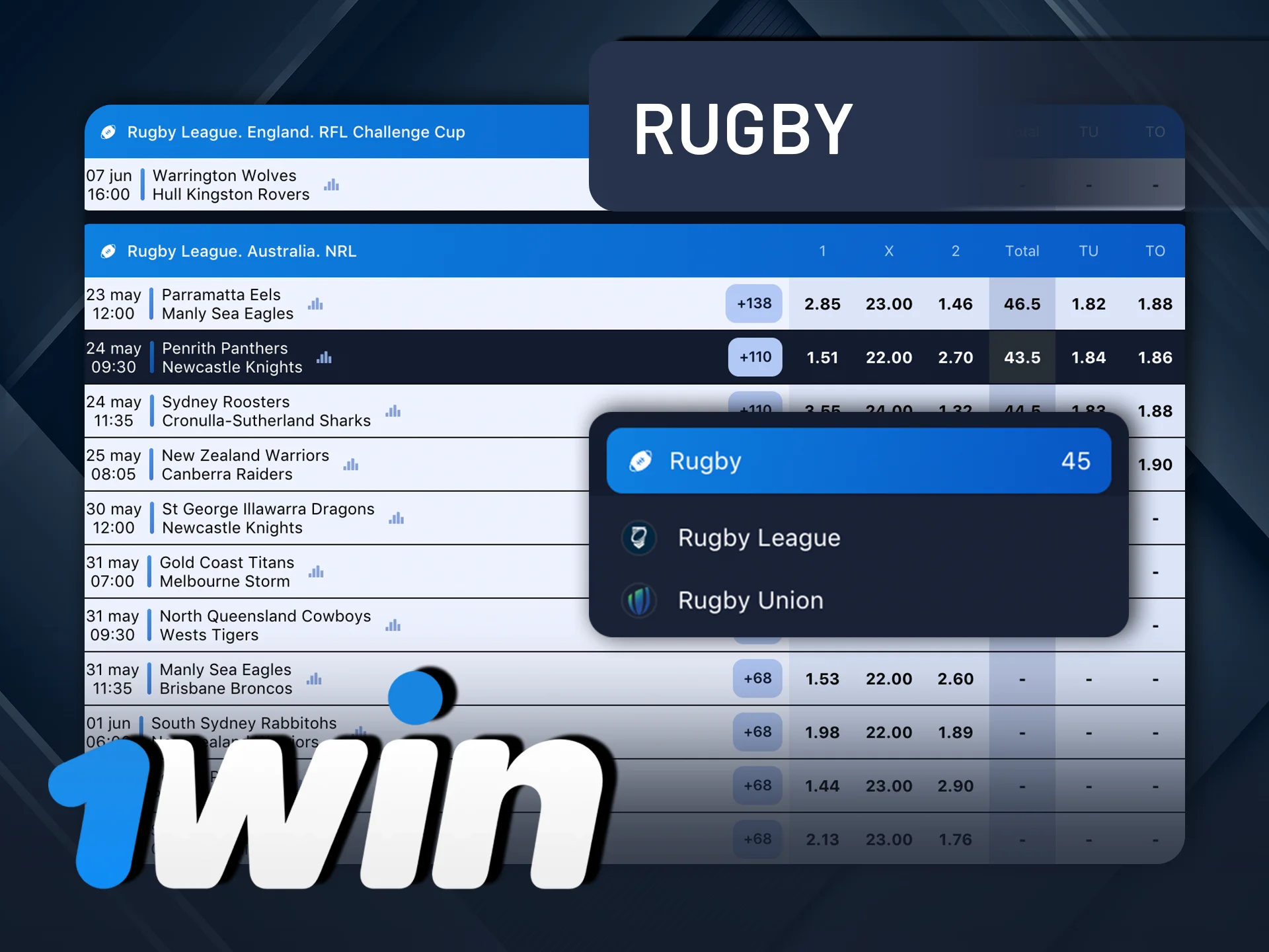Bet on rugby games and win more with 1Win.