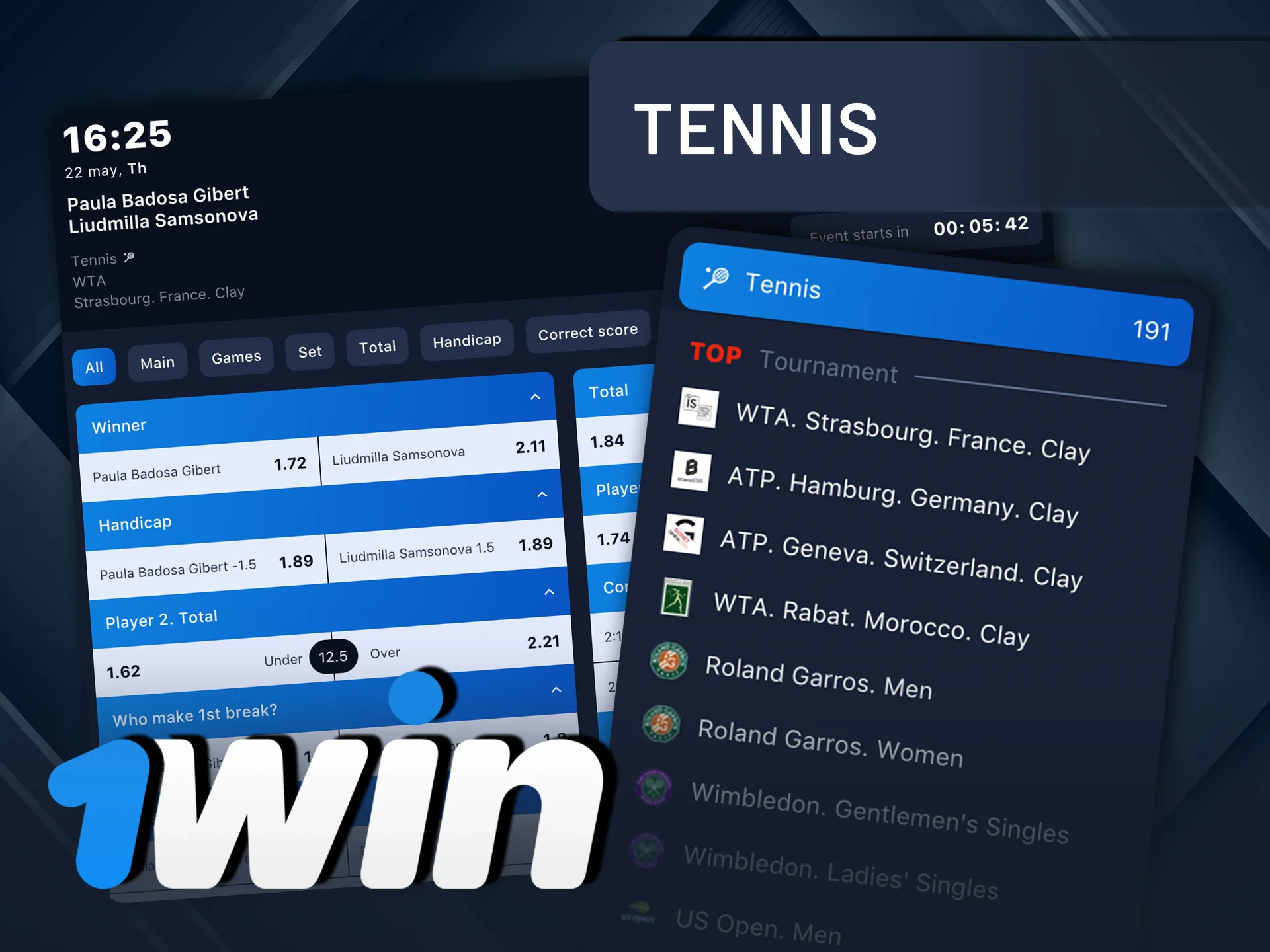 Try your luck with tennis betting at 1Win.