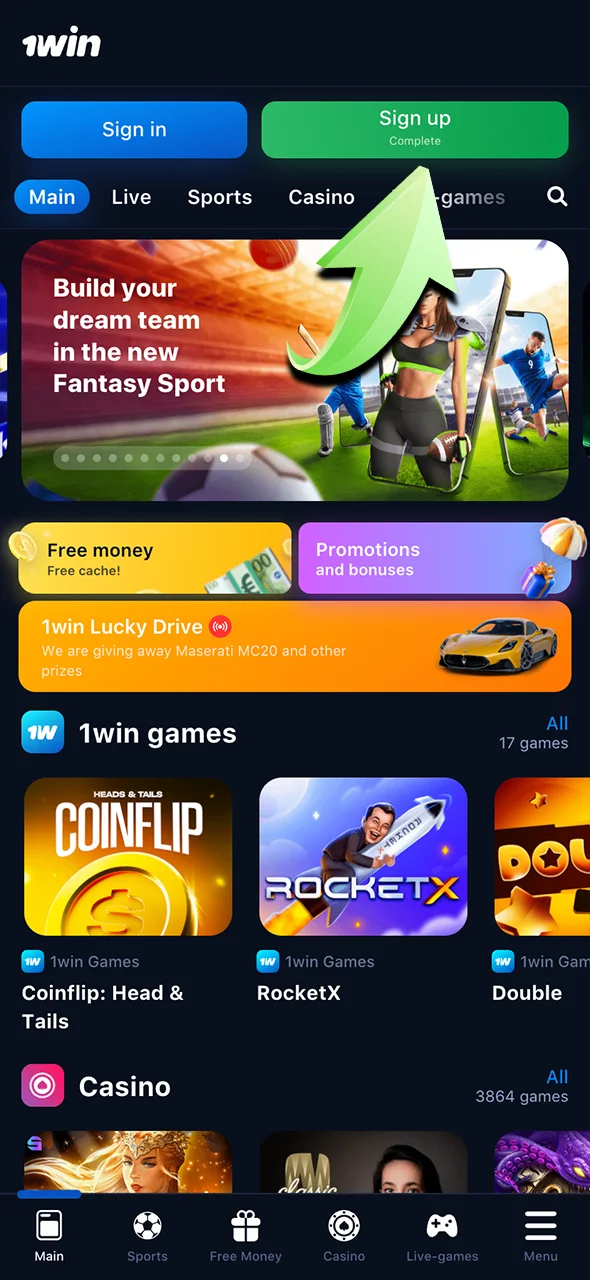 Start registering through the 1Win app in just a few steps.