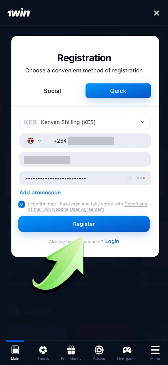 Create your account and unlock access to 1Win features.