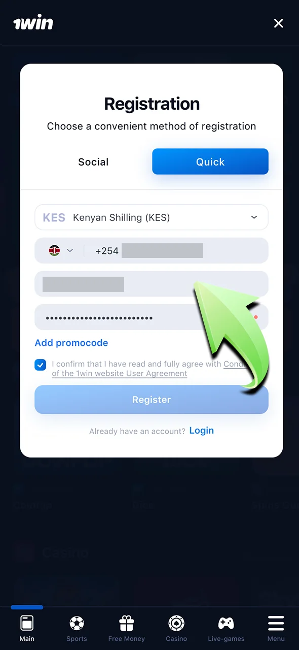 Fill in your details and complete the 1Win registration process.