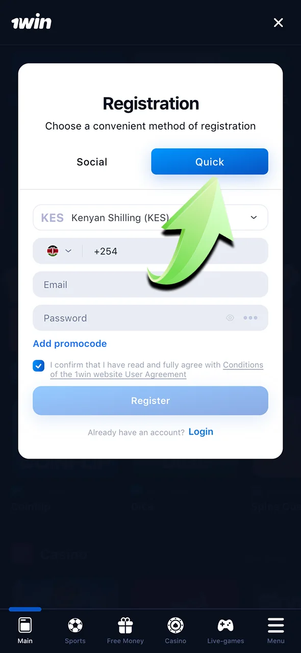 Choose your preferred sign-up method on 1Win.