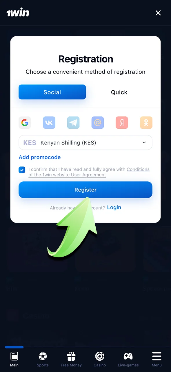 Confirm and create your 1Win account using social login.