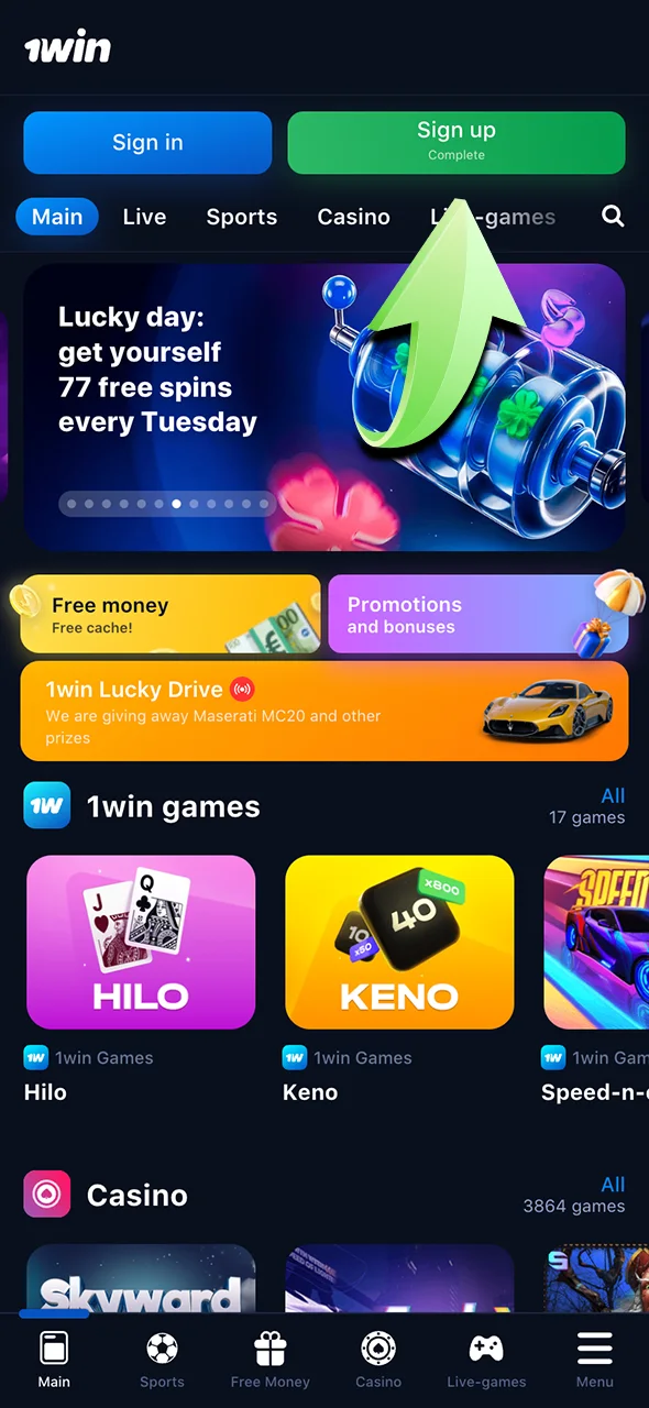 Access the 1Win registration form using your social network profile.