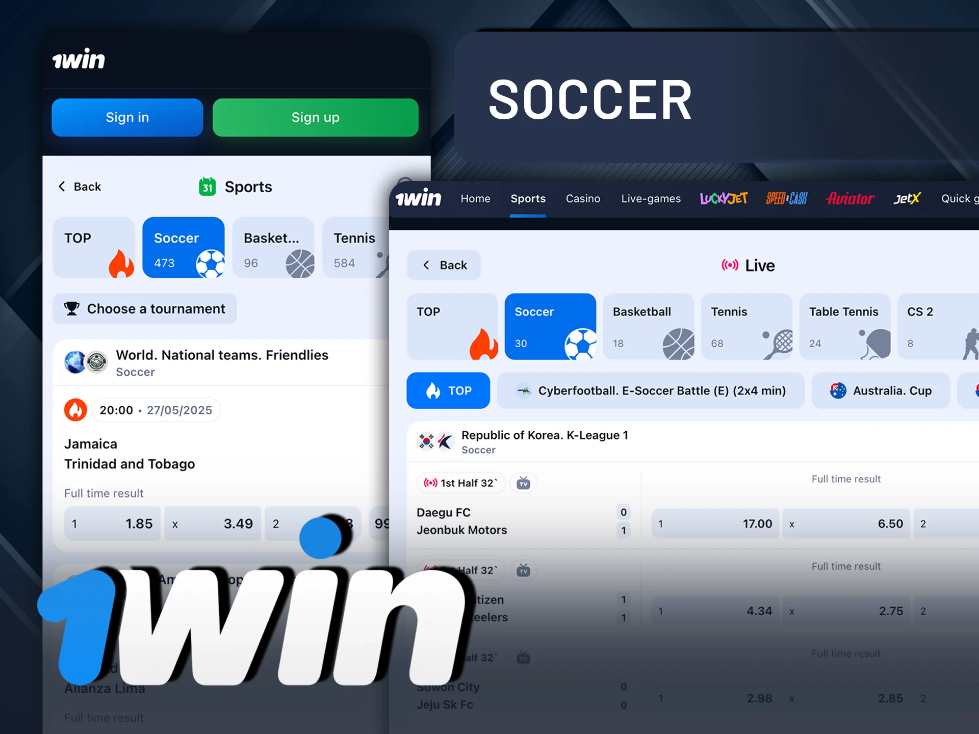 Bet on soccer matches with 1Win and win big.
