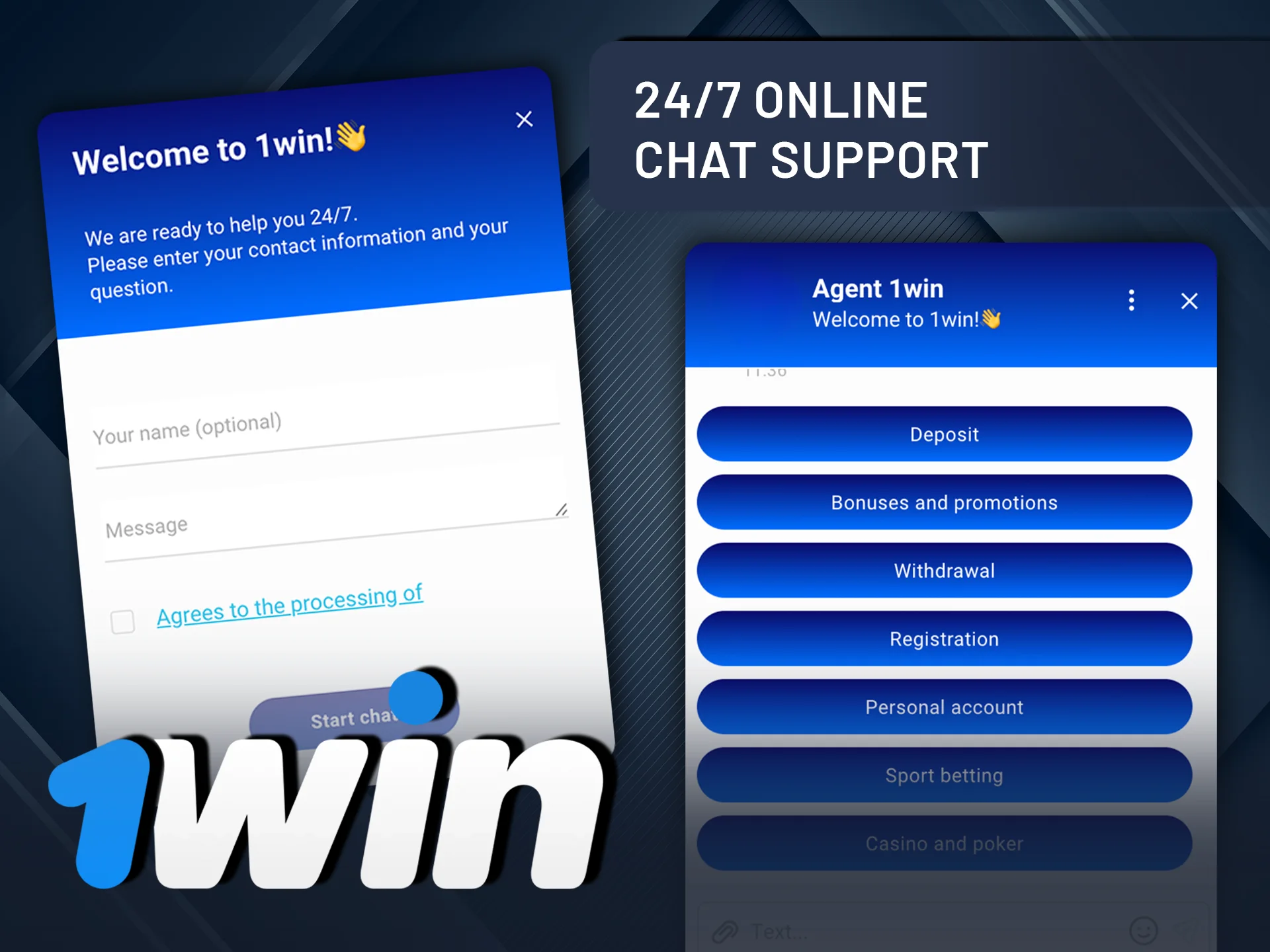 Connect instantly with 1Win online chat support.